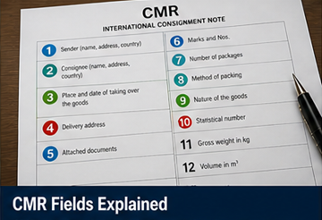 Detailed view of CMR form fields showing sender receiver goods description and signature sections