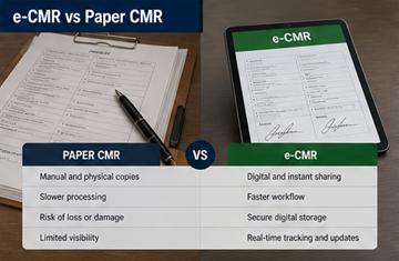 Comparison between paper CMR document and digital e-CMR on tablet showing modern logistics transformation