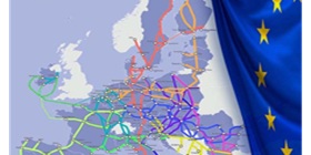 Trans-European Transport Network (TEN-T) on the map and the flag of Europe